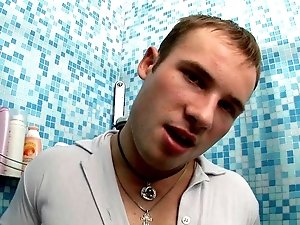Lustful European twink Stefan showing hot muscles and jerking off his large cock in the shower